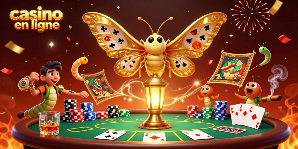 Illustration 3D "casino en ligne" avec un papillon atlas et des jetons de poker. Énergie festive.