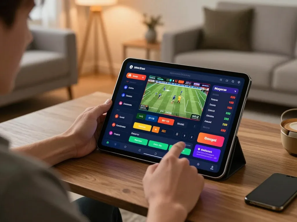 Engaging in sports betting via Link SV368 on a tablet amidst a cozy home atmosphere, showcasing strategy and responsible gaming.