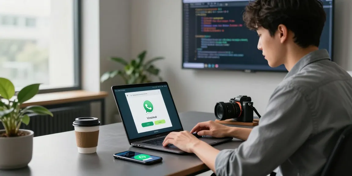 Downloading WhatsApp下載 on a laptop in a modern tech workspace.
