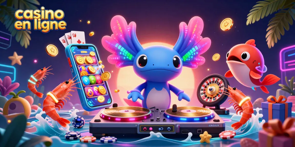 Jouez à casino en ligne avec un DJ axolotl dans une scène animée et colorée.