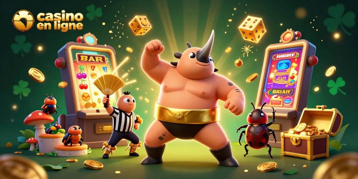 Illustration dynamique de casino en ligne avec un rhinocéros sumo, des pièces d'or volantes et une machine à sous