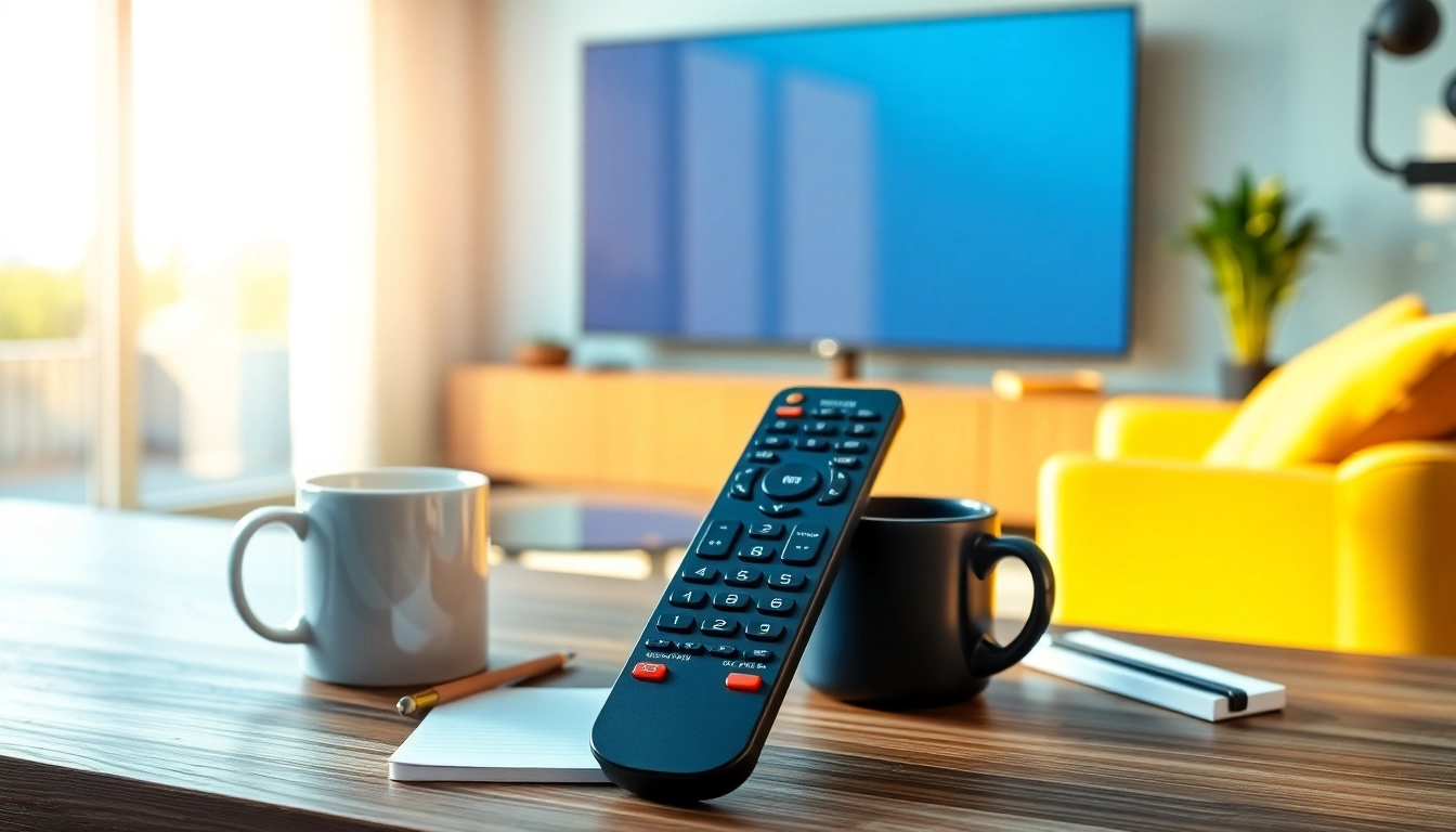 Samsung BN59-01386A remote auf einem eleganten Tisch in einem modernen Wohnzimmer arrangiert.