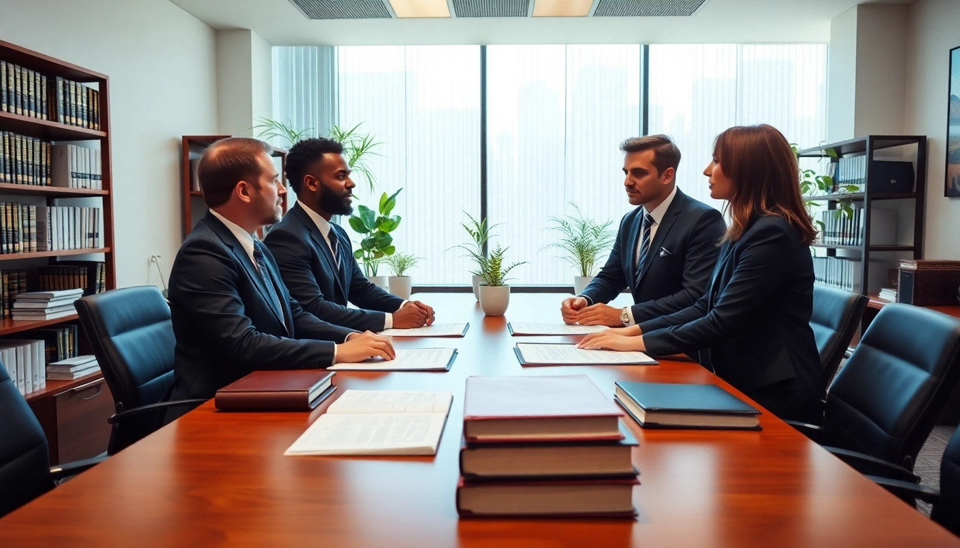 Engaged Atlanta Injury Lawyers strategizing over case files in a bright, modern office setting.