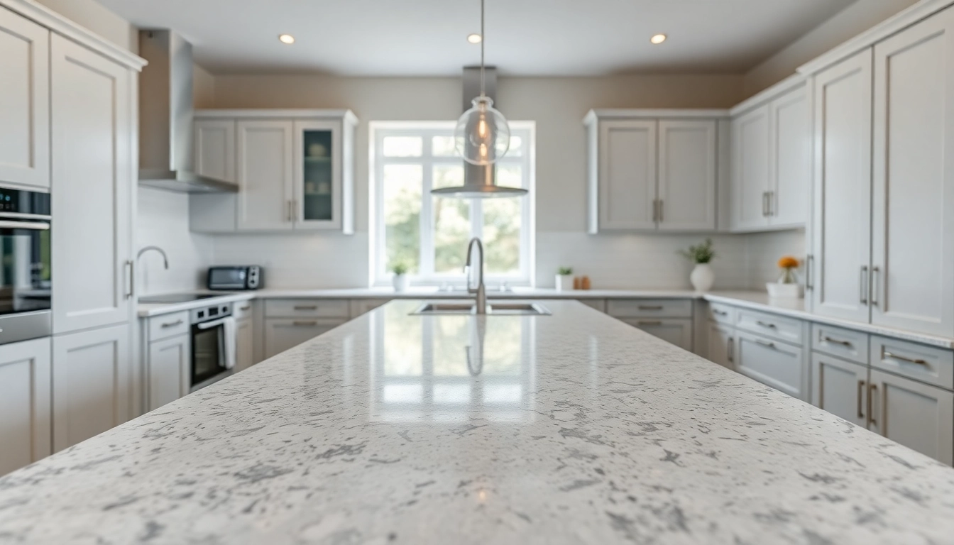 Showcase of beautiful Kitchen Worktops London featuring a granite island and modern cabinetry.
