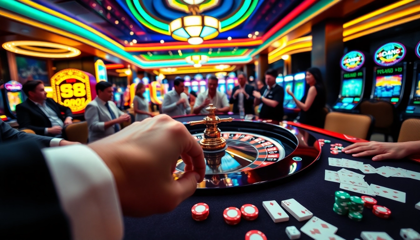 Engaging scene showing players enjoying casino games at bet88 with vibrant roulette and poker elements.