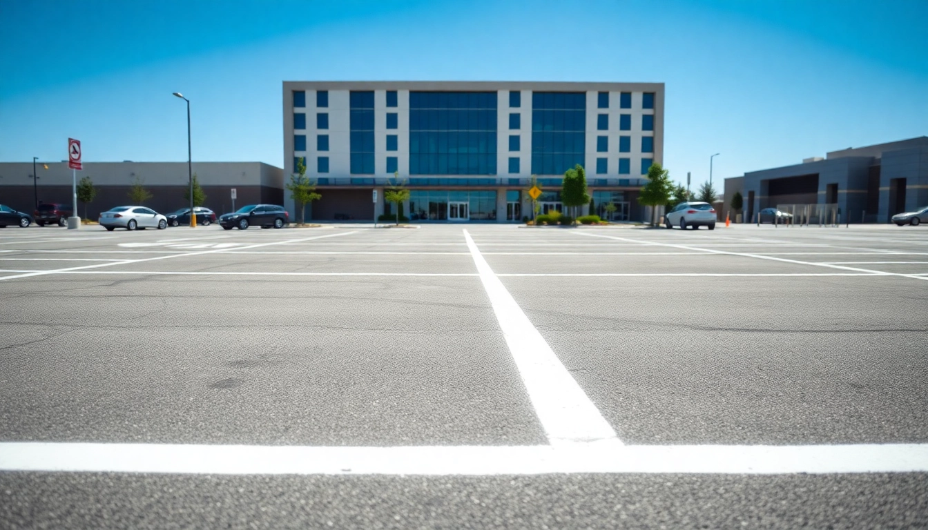 Expertly executed Parking lot striping Jackson MS creating clear and organized spaces in a professional urban setting.