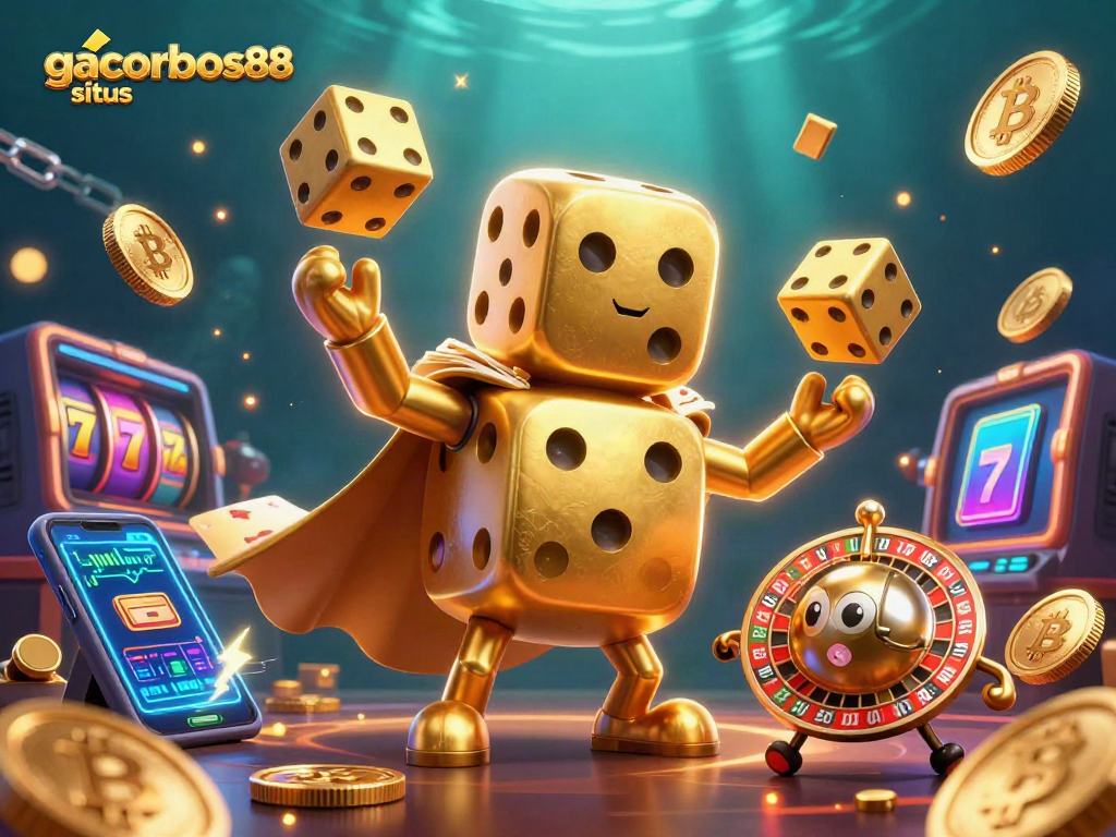 Engage players at gacorbos88 situs with a rich 3D slot-themed casino illustration featuring golden dice, crypto coins, and vibrant details.