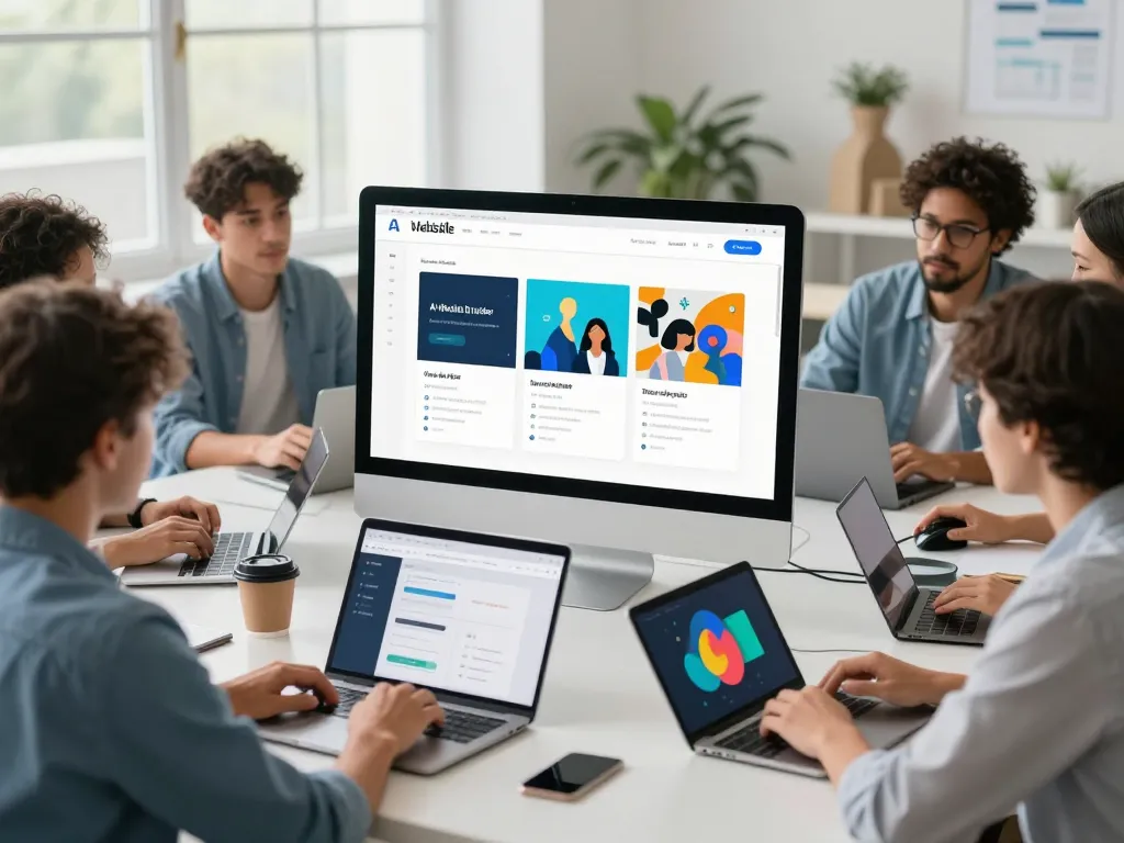 Collaboration in a modern workspace using an AI website builder tool for website creation.