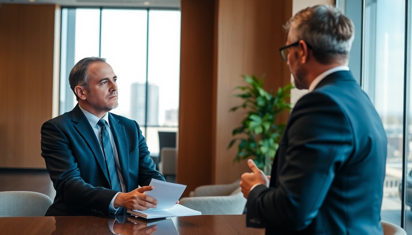 Engaged Alexandria Personal Injury Lawyer discussing case details with a client in an office.
