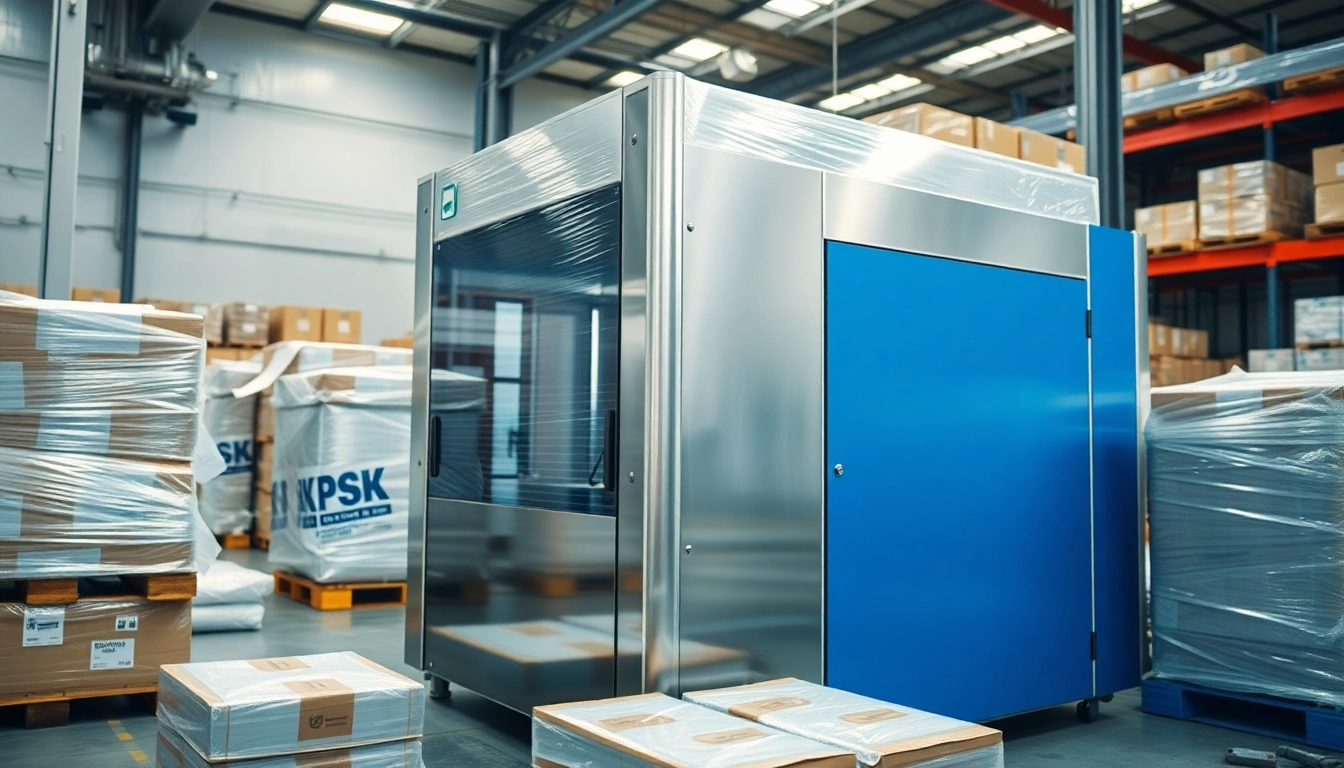 Shrink wrap machine efficiently packaging products in a bright warehouse setting.