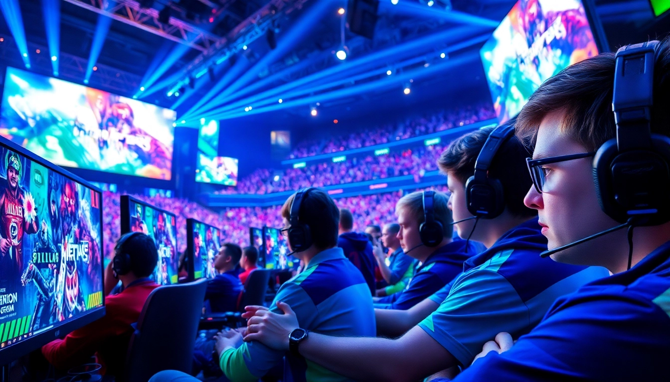 Engaged gamers competing in a vibrant winna tournament environment filled with fans.