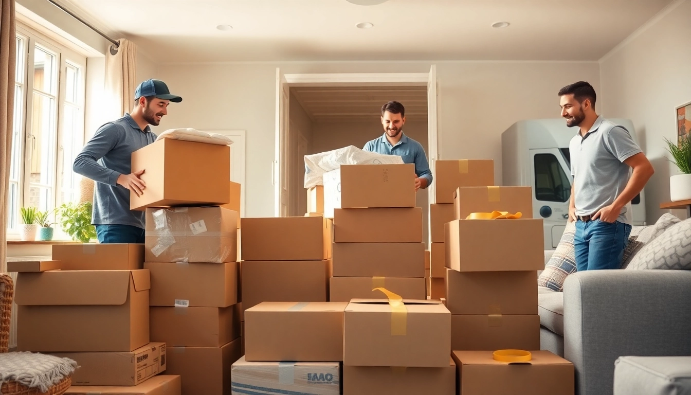 Movers from removals company Cheltenham packing boxes in a cozy living room.