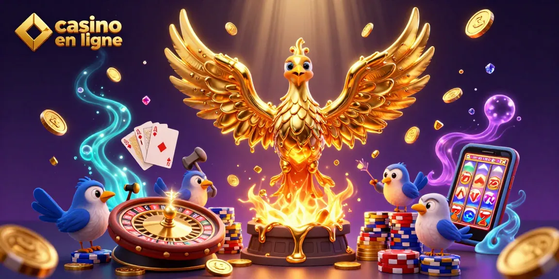 Une illustration 3D de la phoenix dorée symbolisant le casino en ligne, avec des pièces de monnaie et des cartes scintillantes.