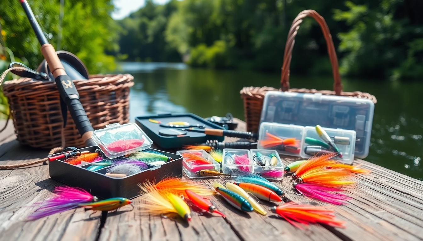 Engaging fly fishing gifts displayed with vibrant lures and gear on a rustic surface.