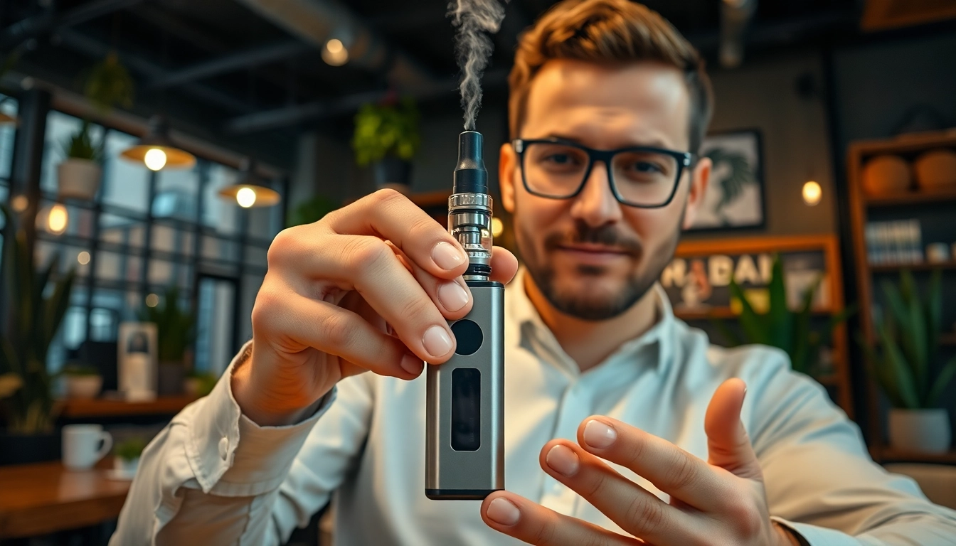 Person enjoying a vape device in a trendy café setting with warm lighting.