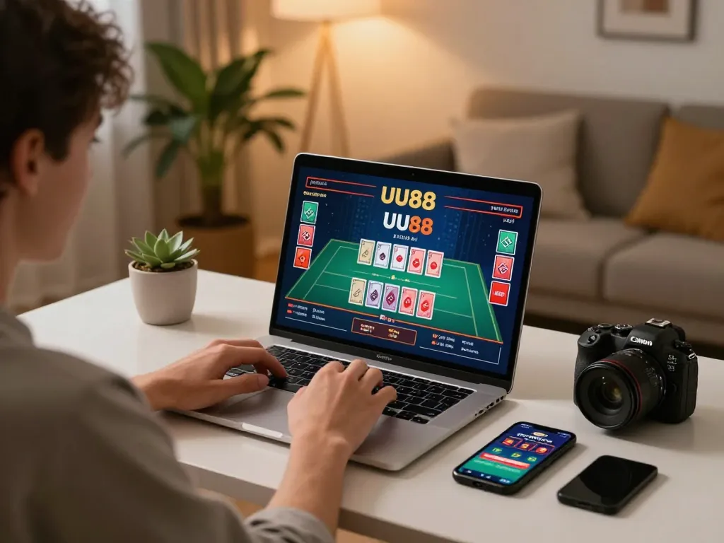 Player engaging in live dealer game on UU88 while strategizing at home desk