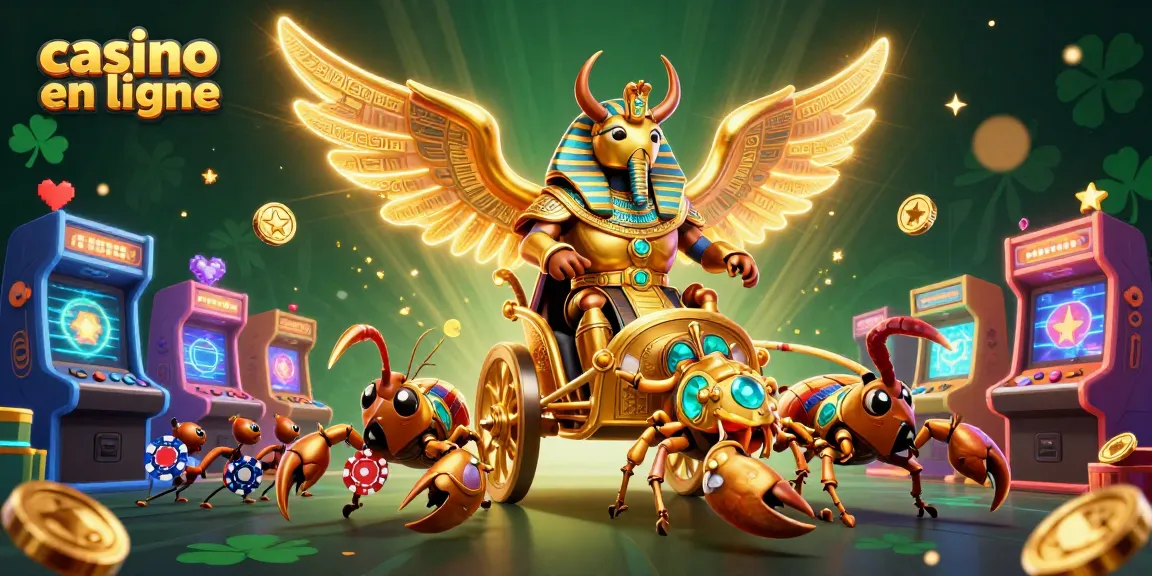Attrapez les gains sur casino en ligne avec un scarabée géant et des jetons scintillants.