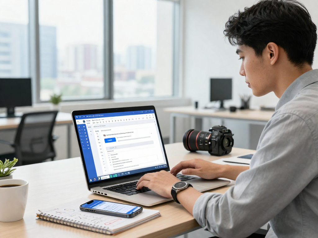 显示WPS中文办公软件下载的现代办公空间,一位专业人士正在使用WPS Office,背景有城市风景。