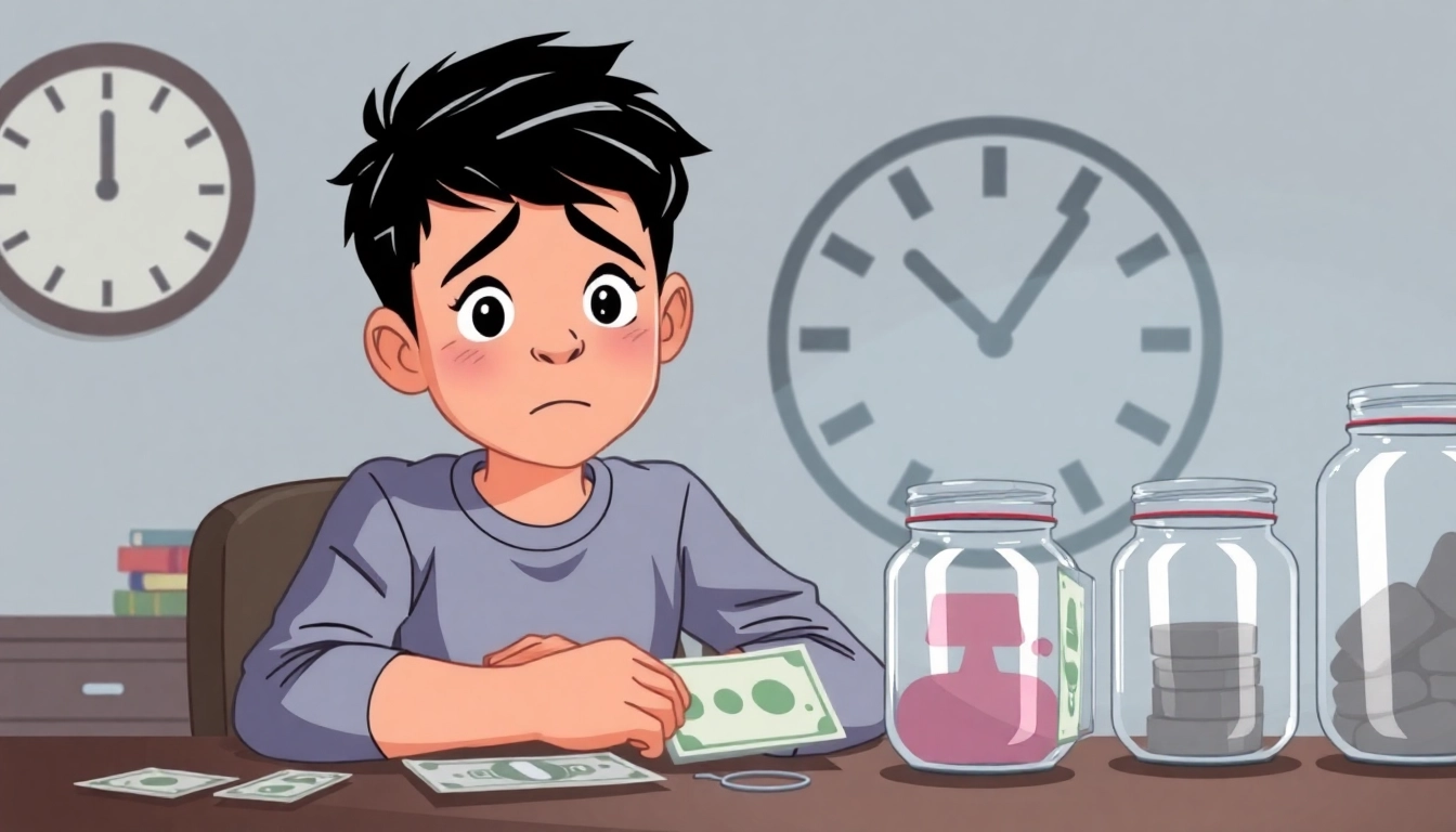 A young individual surrounded by bills and empty jars, highlighting the long-term consequences of not learning to save money.
