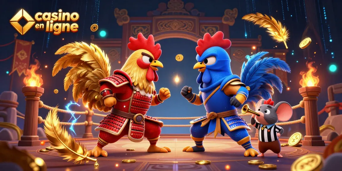 Vivez l'excitation dans un casino en ligne avec ce combat de coqs en illustration captivante.