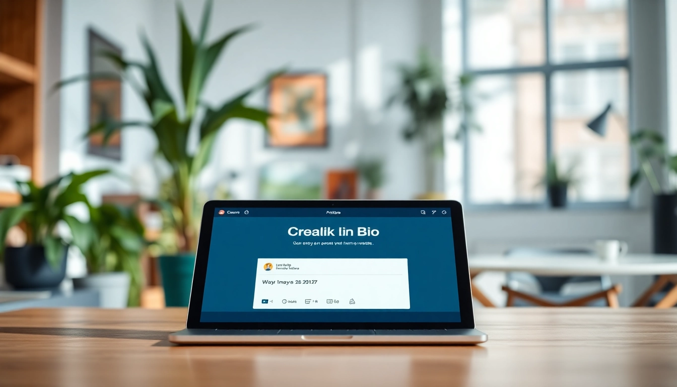 Showcasing Free link in bio tool on a sleek device in a modern workspace.
