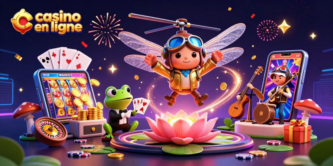 Profitez de l’expérience du casino en ligne avec un pilote de libellule et un croupier grenouille dans une scène animée.
