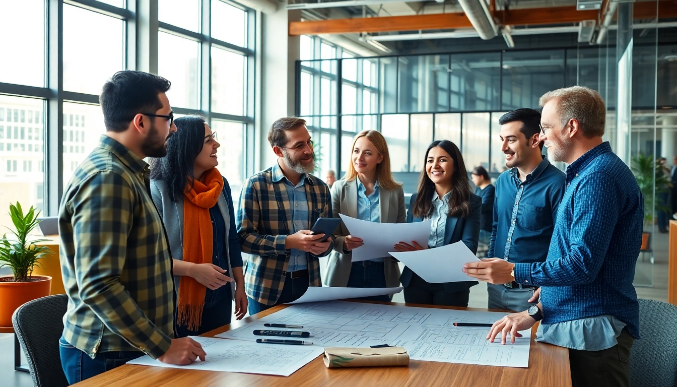 A construction association team collaborates in a modern office setting with project plans.