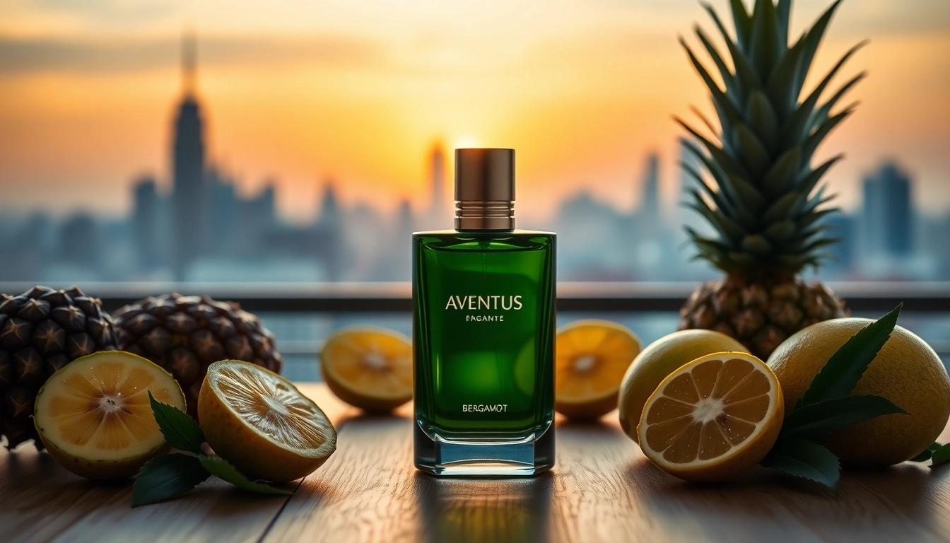 Showcase of Aventus fragrance bottle with tropical fruits in a luxurious setting.