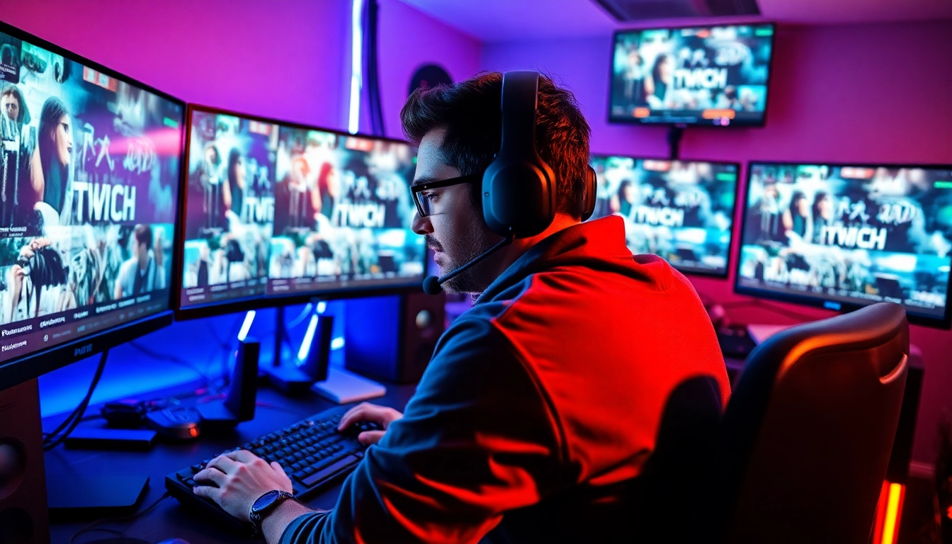 Engaging streamer editing clips on https://streamgen.cc, with vibrant screens and a modern setup.