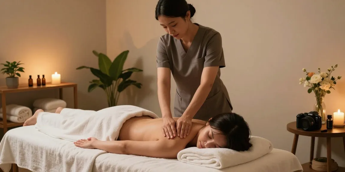 역삼동마사지에서 편안한 마사지 받는 장면과 아늑한 치료실의 분위기