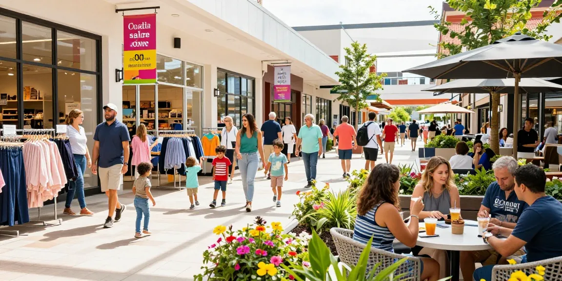 Shoppers enjoying a vibrant afternoon at https://www.goldhillplaza.com with diverse families and colorful store displays.