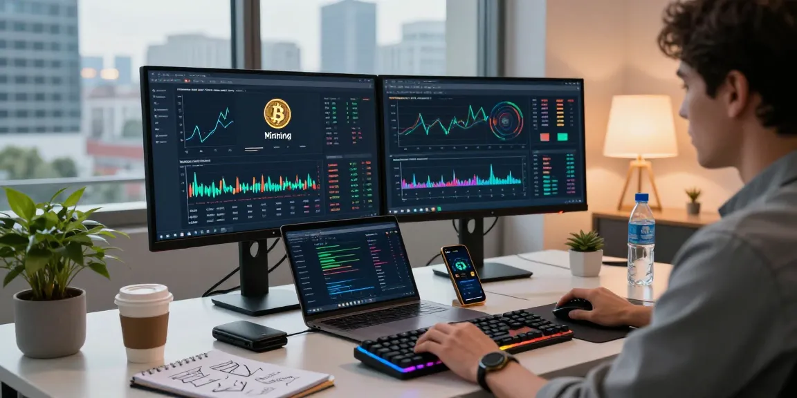 Automated bitcoin mining showcased in a modern crypto trading workspace featuring advanced charts and security tools.