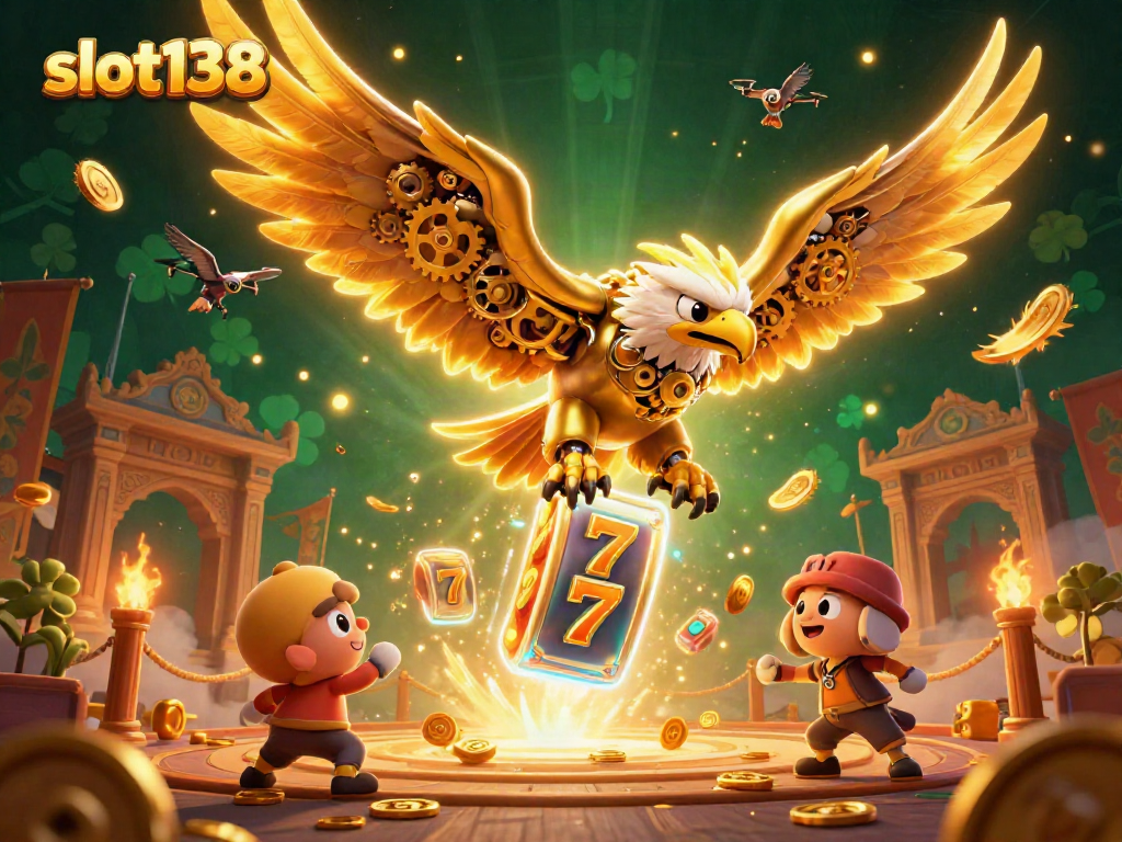 Experience the excitement of slot138 as a golden eagle dives through vibrant slot reels in a packed casino scene.