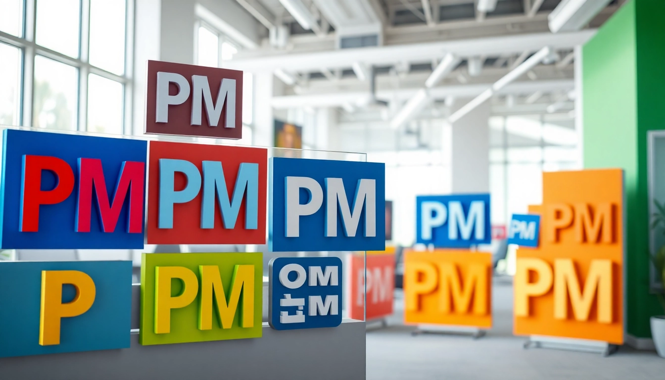 Showcase of pm signs displayed in a modern office setting, highlighting organizational structure.