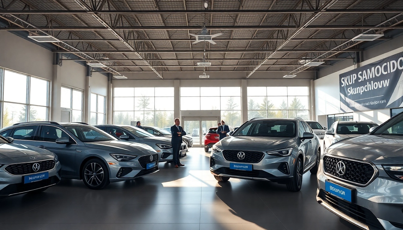 Skup samochodów Śląsk - Car dealership displaying diverse vehicles and satisfied customers in a bright atmosphere.