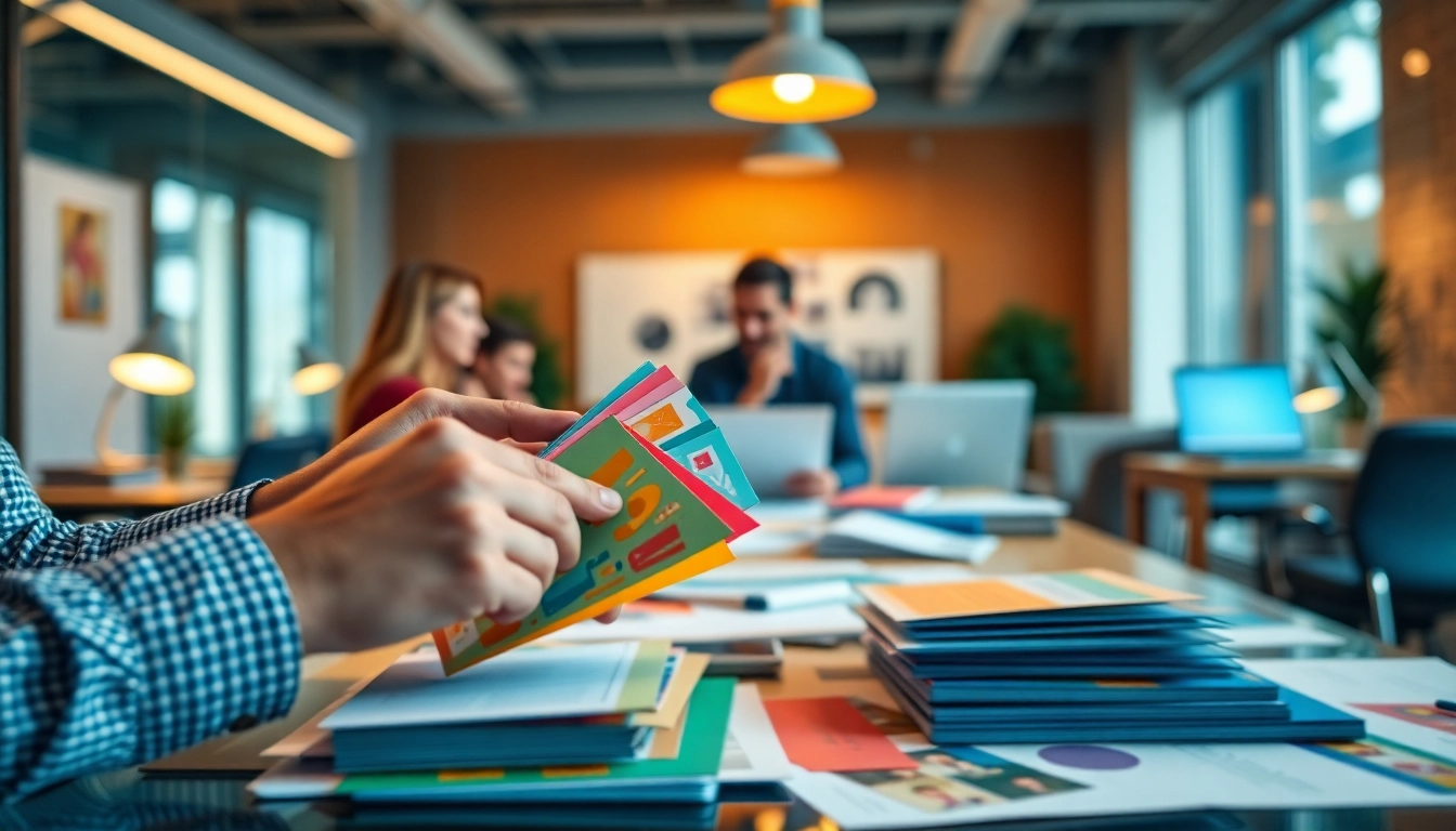Design team collaborating on Atlas Direct Mail campaign in a bright workspace.