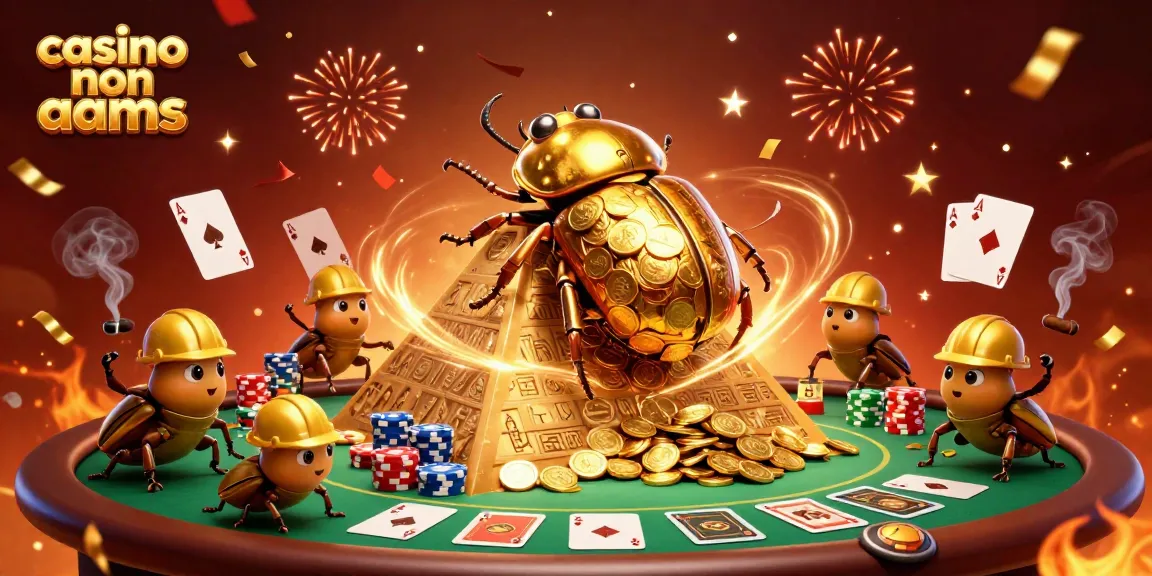 Gioca nei casino non AAMS con un'illustrazione vibrante di scarabei d'oro e simboli del casinò.