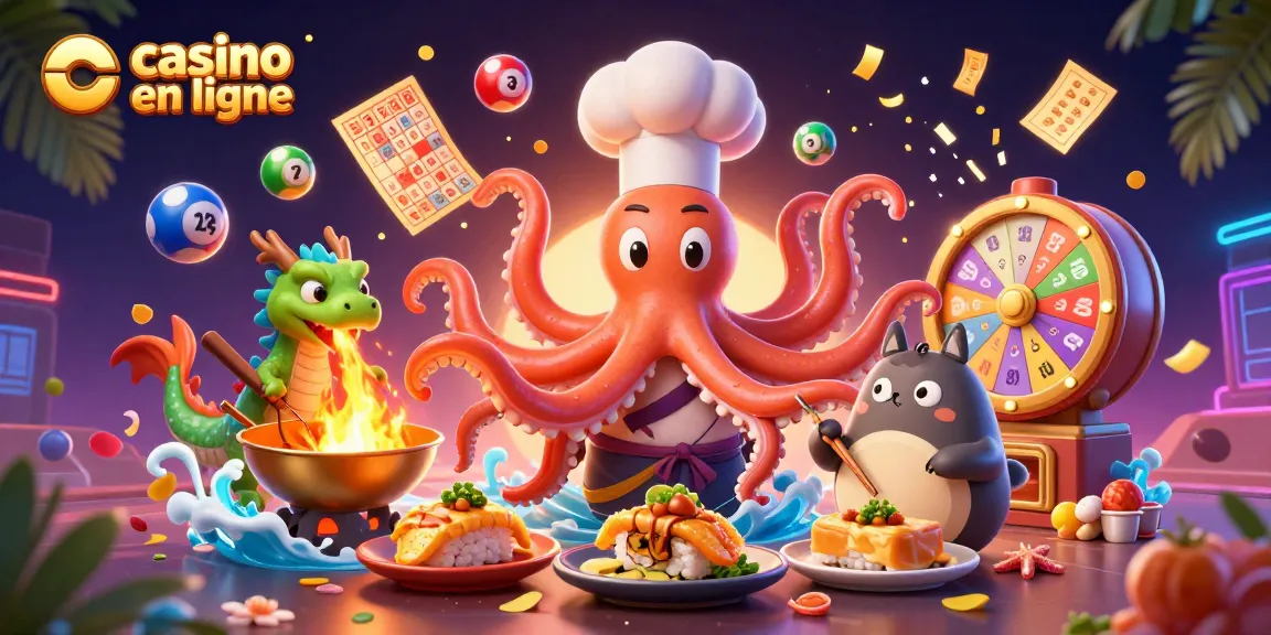 Découvrez le monde du casino en ligne avec un chef sushi poulpe et ses amis dans un univers coloré.