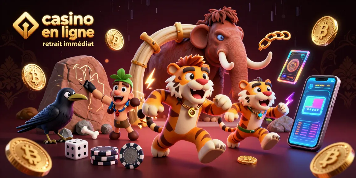 Profitez du casino en ligne retrait immédiat avec des personnages préhistoriques dans une scène dynamique.