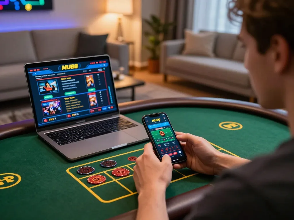 Player engaging in online betting using the MU88 app, showcasing a vibrant gaming atmosphere.