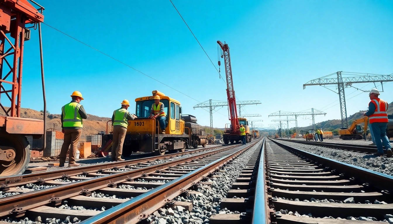 Workers and machinery in action at a Railroad Track Construction Company site creating new railway tracks.