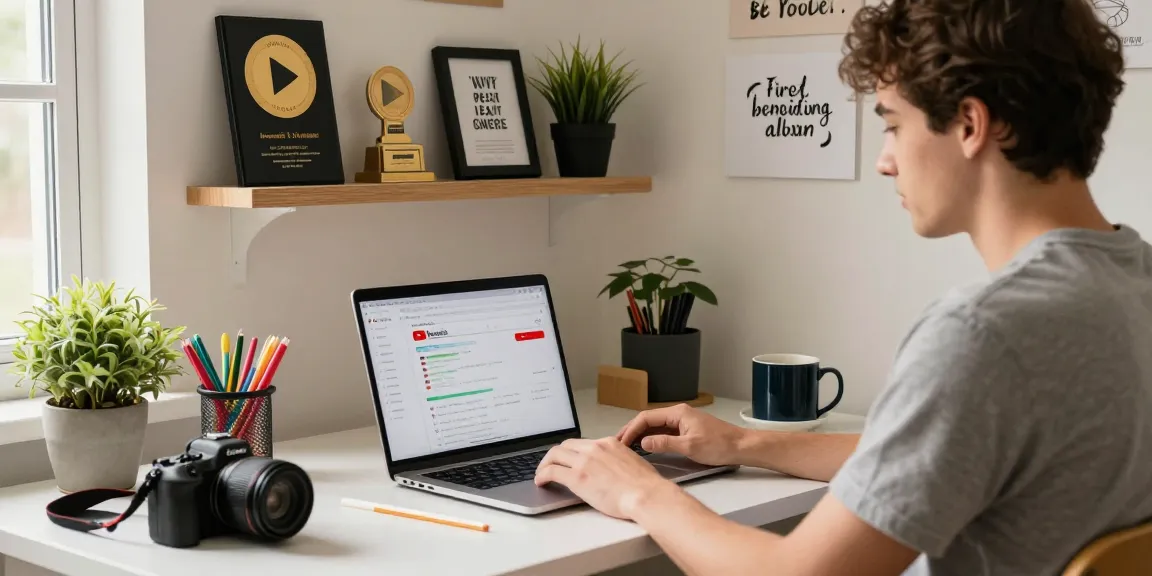 Beste Seiten, um YouTube-Abonnenten zu kaufen depicted in a vibrant home office with YouTube awards and analytics on the laptop.