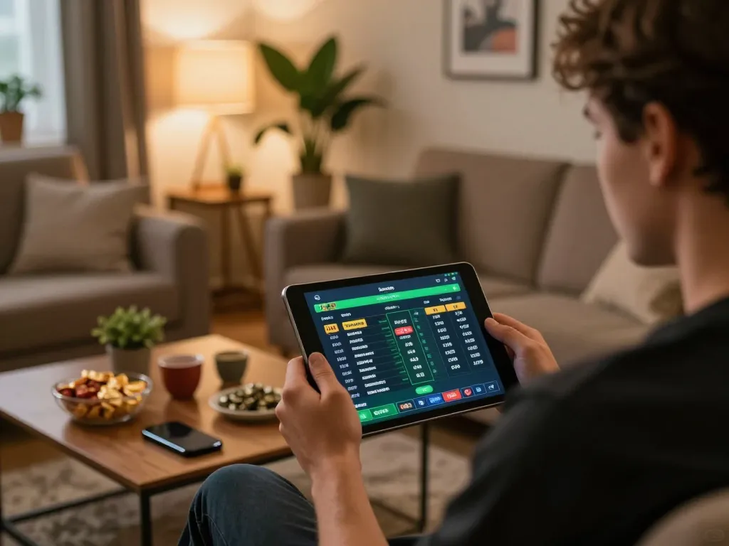 92slot user engaging in sports betting on tablet in cozy living room