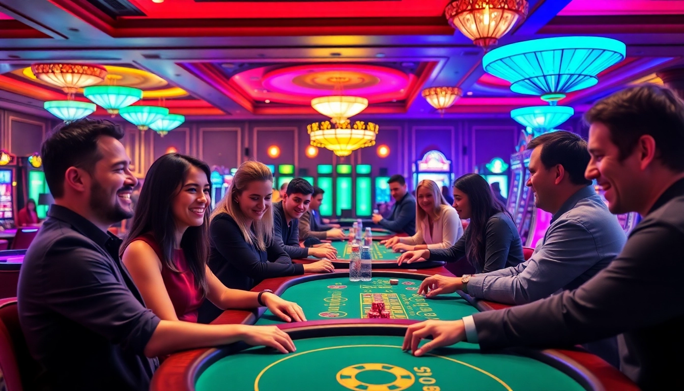 Spielen Sie online Casino mit begeisterten Spielern in einem lebhaften Casino-Ambiente.