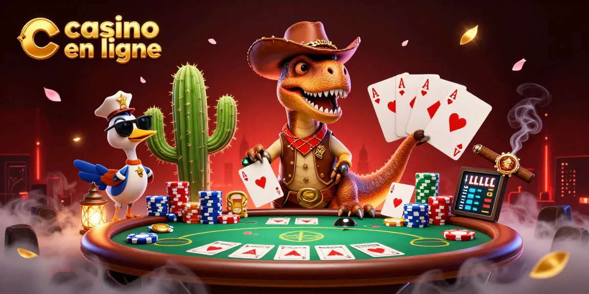 Profitez d'une illustration dynamique de casino en ligne avec un T-Rex, cowboy et cactus.