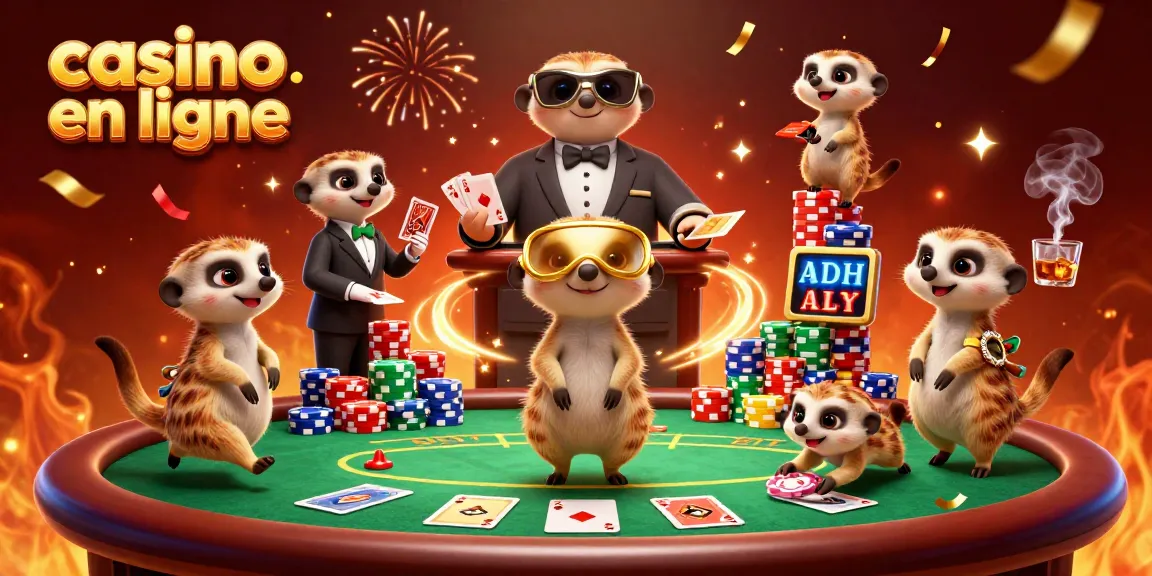 Les meerkats animant un casino en ligne avec des éléments de jeu et des cartes.