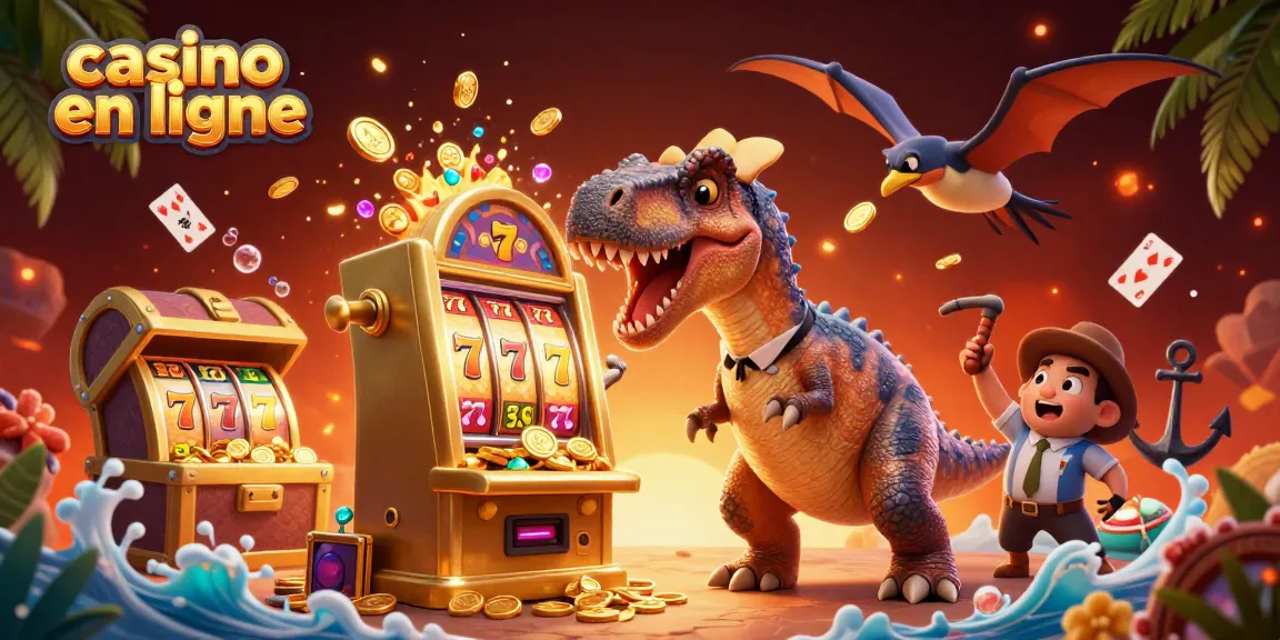 Illustration animée d'un pachycéphalosaure frappant une machine à sous à casino en ligne pour obtenir des jackpots de pièces.