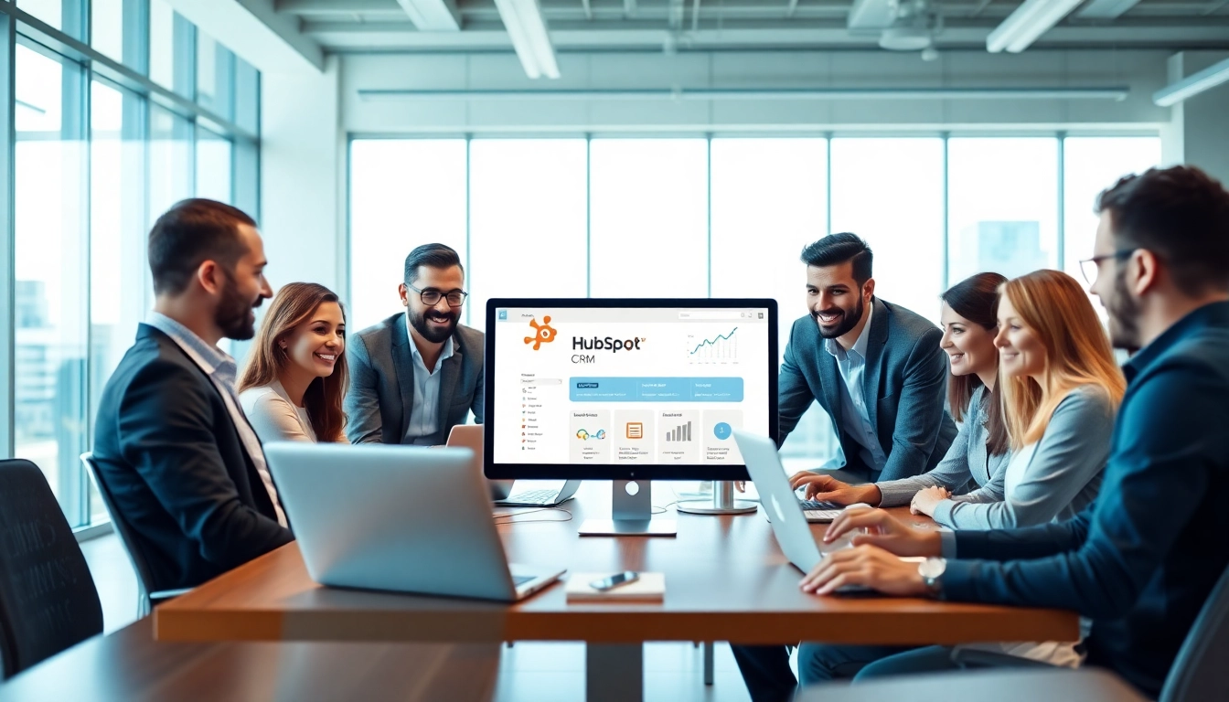 Engaged team discussing HubSpot CRM free solutions in a bright, modern office setting.
