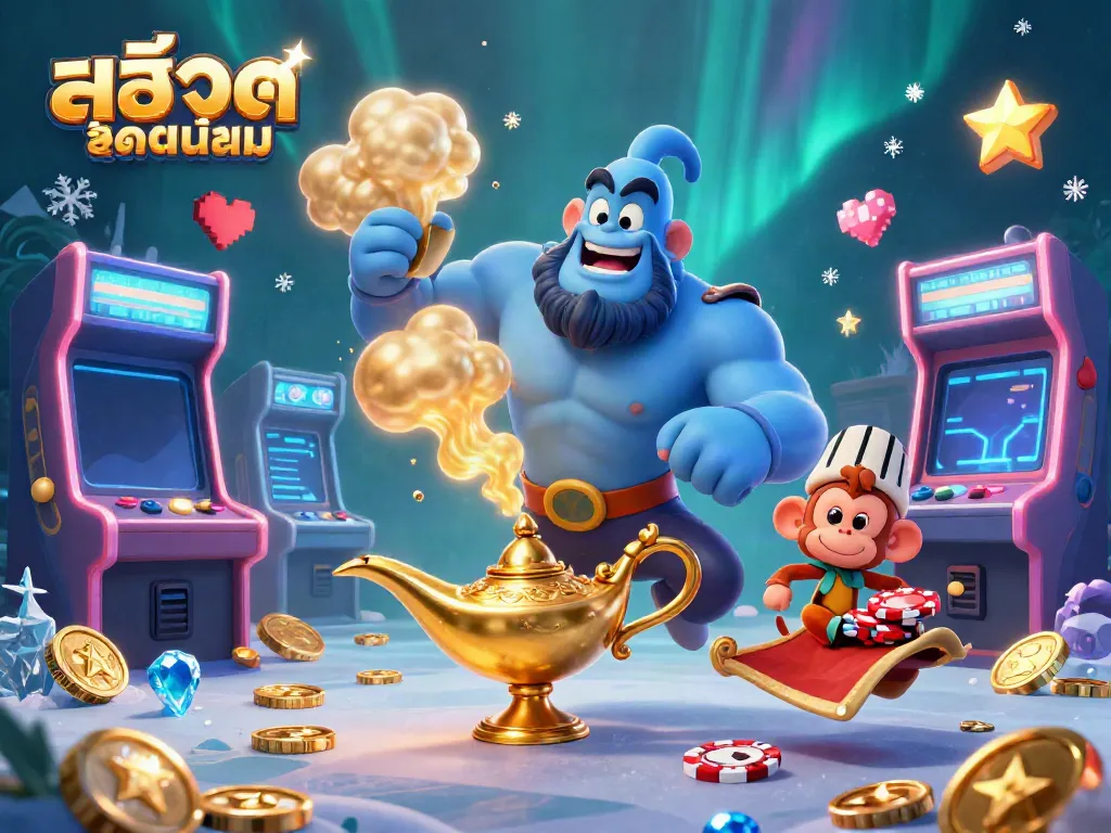 Experience the excitement of สล็อตยอดนิยม with a magical genie, poker chips, and vibrant gaming elements.
