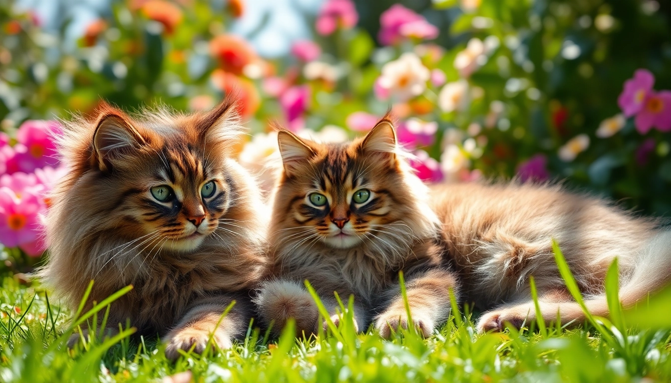Cute Maine Coon cats for sale showing off their playful nature in a sunny garden.